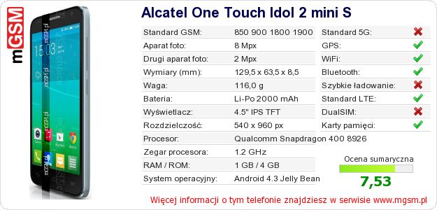 Dane telefonu Alcatel One Touch Idol 2 mini S Dane telefonu Alcatel One Touch Idol 2 mini S