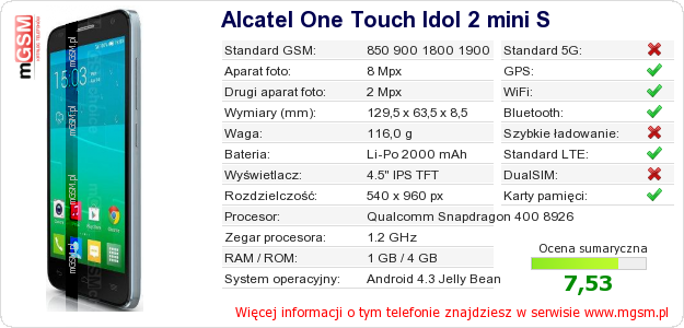 Dane telefonu Alcatel One Touch Idol 2 mini S
