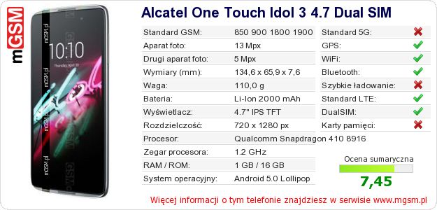Dane telefonu Alcatel One Touch Idol 3 4.7 Dual SIM Dane telefonu Alcatel One Touch Idol 3 4.7 Dual SIM