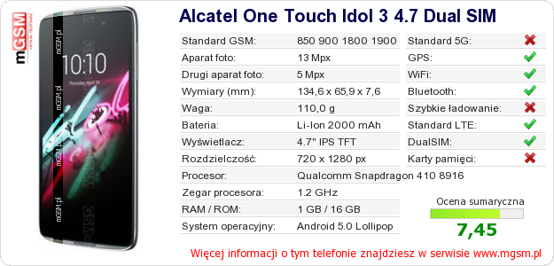 Dane telefonu Alcatel One Touch Idol 3 4.7 Dual SIM