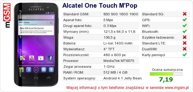 Dane telefonu Alcatel One Touch M