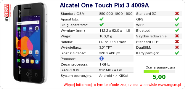 Dane telefonu Alcatel One Touch Pixi 3 4009A