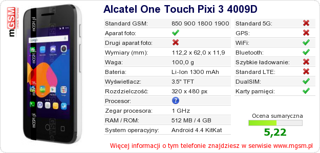 Dane telefonu Alcatel One Touch Pixi 3 4009D