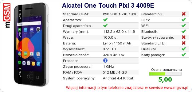 Dane telefonu Alcatel One Touch Pixi 3 4009E