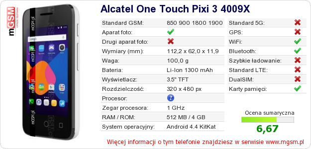 Dane telefonu Alcatel One Touch Pixi 3 4009X