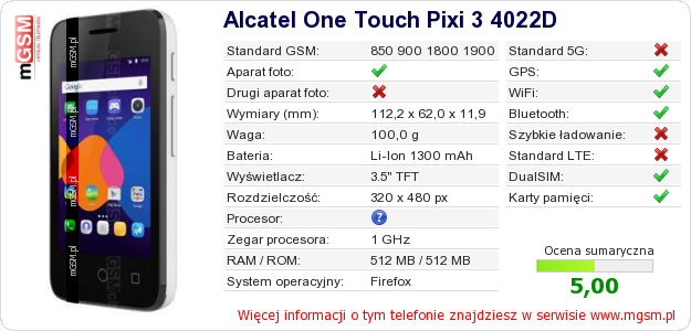 Dane telefonu Alcatel One Touch Pixi 3 4022D