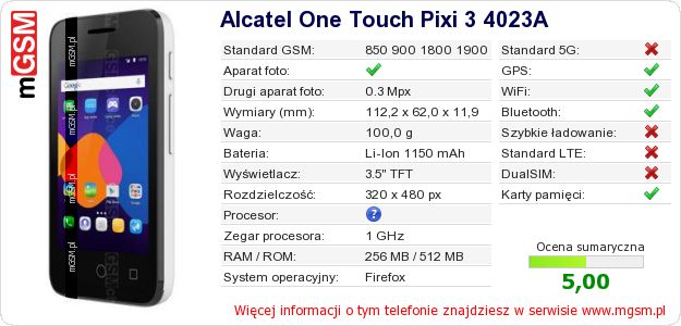 Dane telefonu Alcatel One Touch Pixi 3 4023A