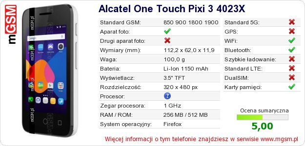 Dane telefonu Alcatel One Touch Pixi 3 4023X Dane telefonu Alcatel One Touch Pixi 3 4023X