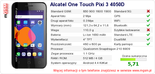 Dane telefonu Alcatel One Touch Pixi 3 4050D