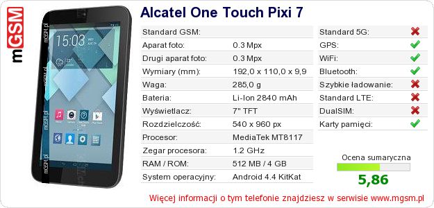 Dane telefonu Alcatel One Touch Pixi 7 Dane telefonu Alcatel One Touch Pixi 7