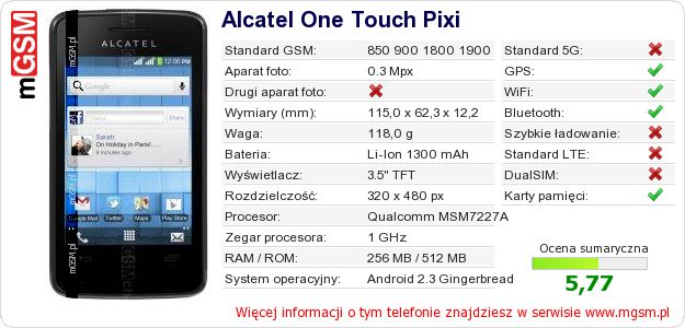 Dane telefonu Alcatel One Touch Pixi