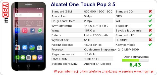 Dane telefonu Alcatel One Touch Pop 3 5