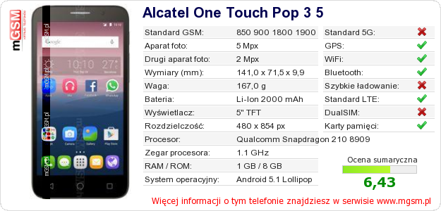 Dane telefonu Alcatel One Touch Pop 3 5