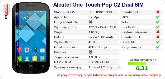 Dane telefonu Alcatel One Touch Pop C2 Dual SIM