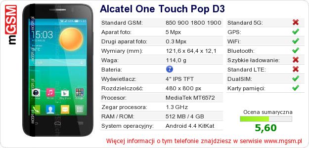 Dane telefonu Alcatel One Touch Pop D3