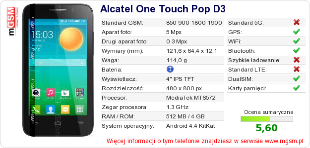 Dane telefonu Alcatel One Touch Pop D3