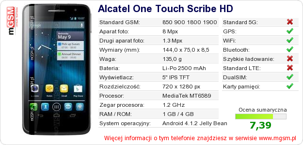 Dane telefonu Alcatel One Touch Scribe HD