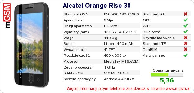 Dane telefonu Alcatel Orange Rise 30