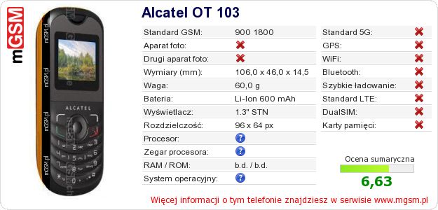 Dane telefonu Alcatel OT 103 Dane telefonu Alcatel OT 103