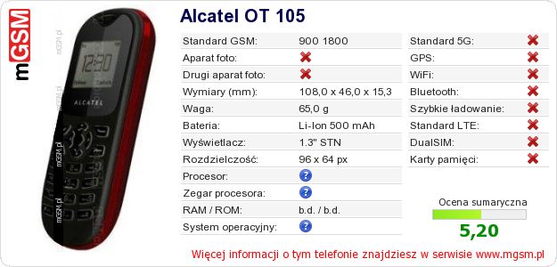 Dane telefonu Alcatel OT 105