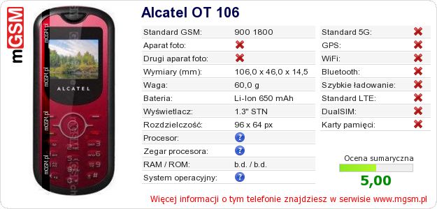 Dane telefonu Alcatel OT 106