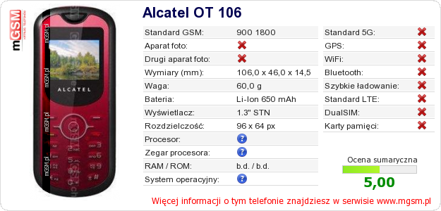 Dane telefonu Alcatel OT 106