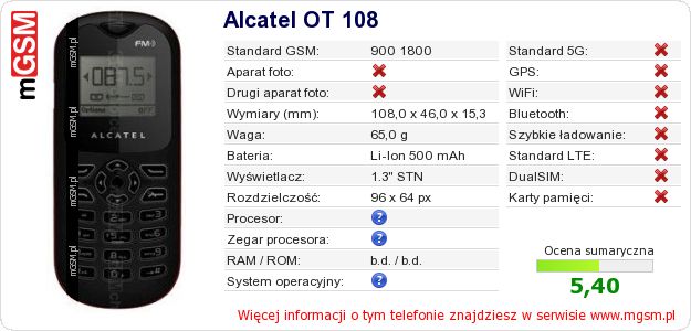 Dane telefonu Alcatel OT 108