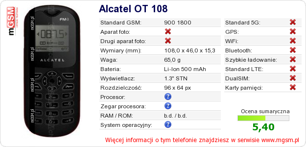 Dane telefonu Alcatel OT 108