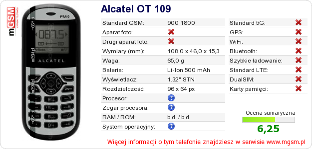 Dane telefonu Alcatel OT 109