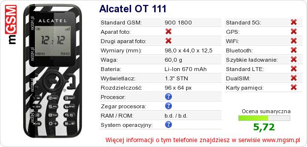 Dane telefonu Alcatel OT 111