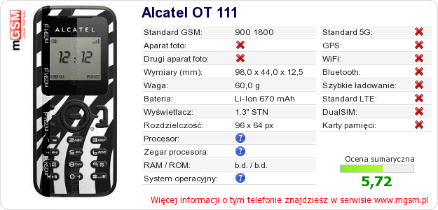 Dane telefonu Alcatel OT 111