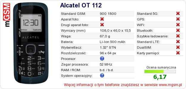 Dane telefonu Alcatel OT 112 Dane telefonu Alcatel OT 112