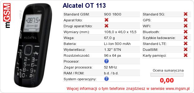 Dane telefonu Alcatel OT 113
