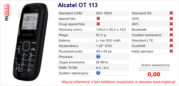 Dane telefonu Alcatel OT 113