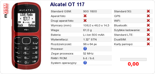 Dane telefonu Alcatel OT 117