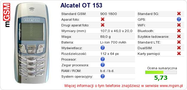 Dane telefonu Alcatel OT 153 Dane telefonu Alcatel OT 153