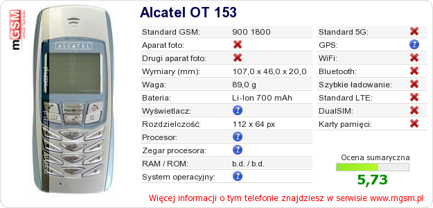 Dane telefonu Alcatel OT 153