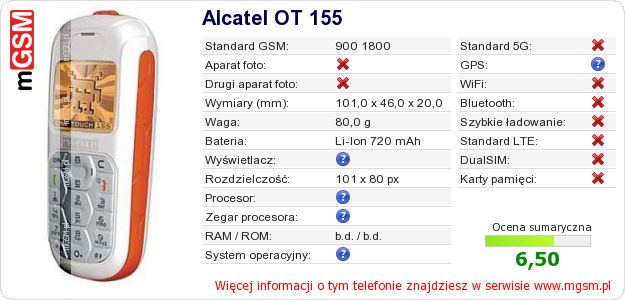 Dane telefonu Alcatel OT 155
