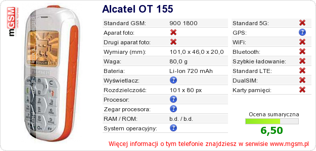 Dane telefonu Alcatel OT 155