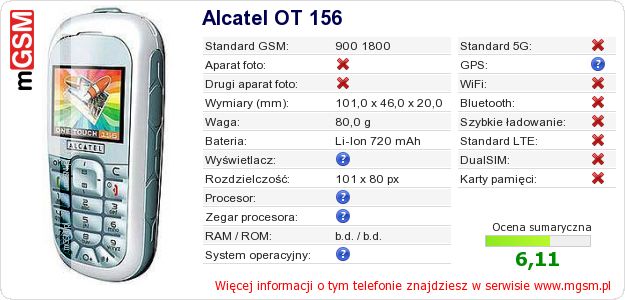 Dane telefonu Alcatel OT 156