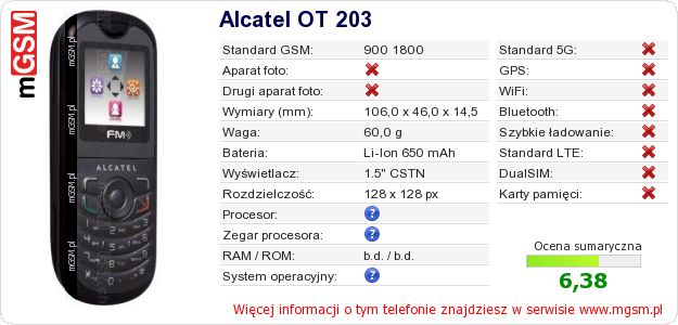 Dane telefonu Alcatel OT 203