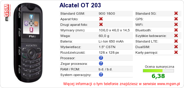 Dane telefonu Alcatel OT 203