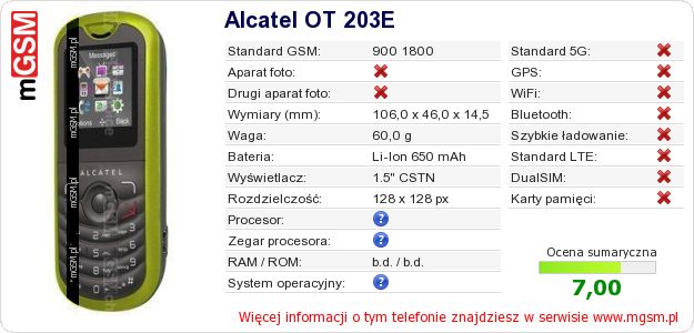 Dane telefonu Alcatel OT 203E Dane telefonu Alcatel OT 203E