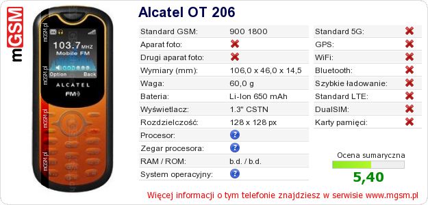 Dane telefonu Alcatel OT 206