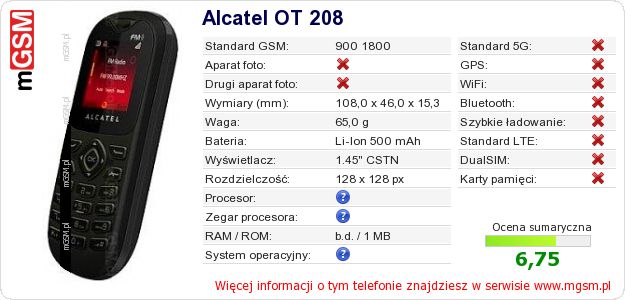 Dane telefonu Alcatel OT 208