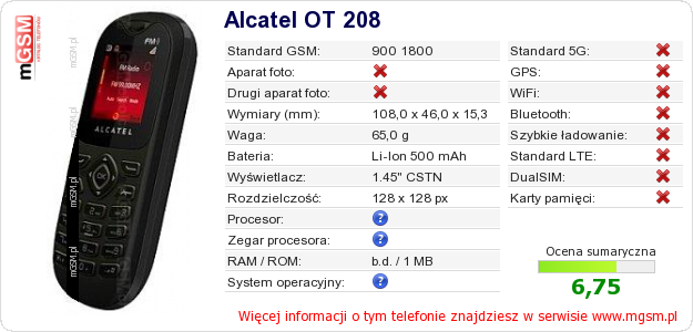 Dane telefonu Alcatel OT 208 Dane telefonu Alcatel OT 208