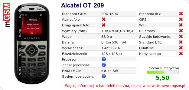Dane telefonu Alcatel OT 209