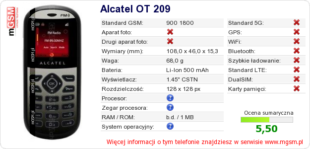 Dane telefonu Alcatel OT 209 Dane telefonu Alcatel OT 209