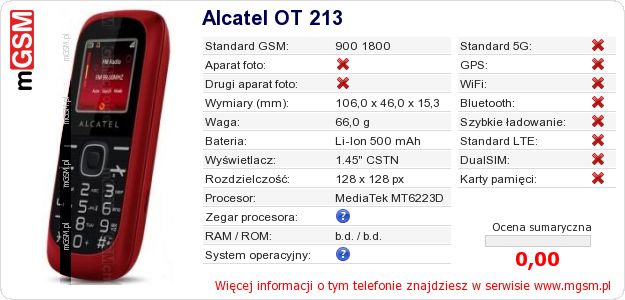 Dane telefonu Alcatel OT 213 Dane telefonu Alcatel OT 213