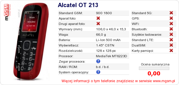 Dane telefonu Alcatel OT 213